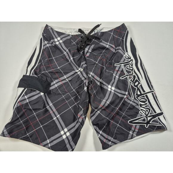 Aeropostale 1987 Swim Shorts Mens 30 Black Plaid Drawstring Lined Spell Out Y2K - Picture 1 of 5